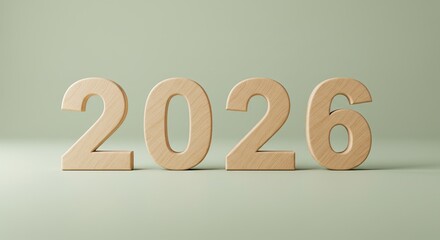 2026: Minimalist Wooden Numerals on Sage Green Background ? New Year Concept