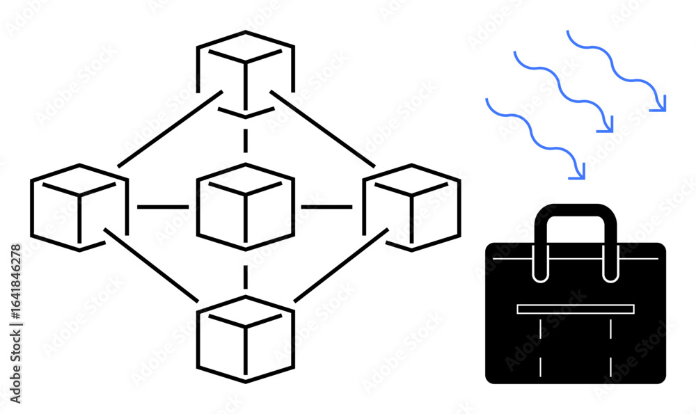 Poster interconnected cubes forming a blockchain network, blue arrows symbolizing data flow and a business 