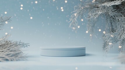 Empty pedestal in a magical winter wonderland with sparkling lights