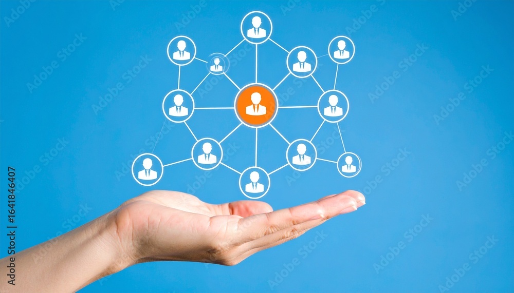 Poster a hand holding a digital network of connected people, a representation of networking and teamwork. t