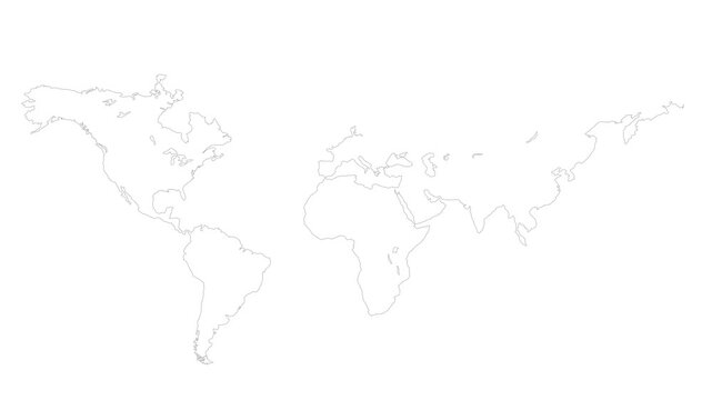 World map animation. Outline world map with continent borders in the background with alpha channel. Motion design.