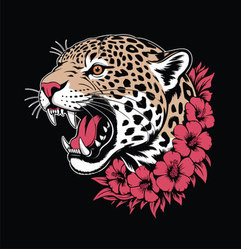 fierce leopard head with pink tropical flowers