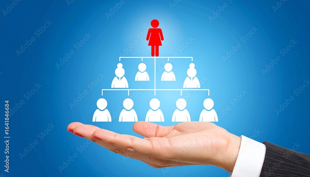 Poster a hand holding a hierarchical structure with a person at the top