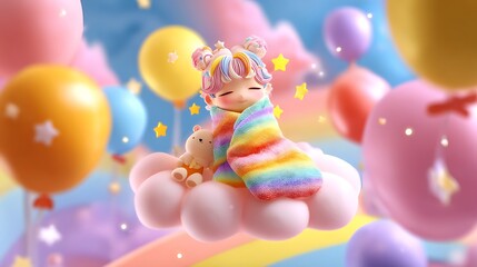 Animation of a small child with a blanket on a sweet and bright colored background