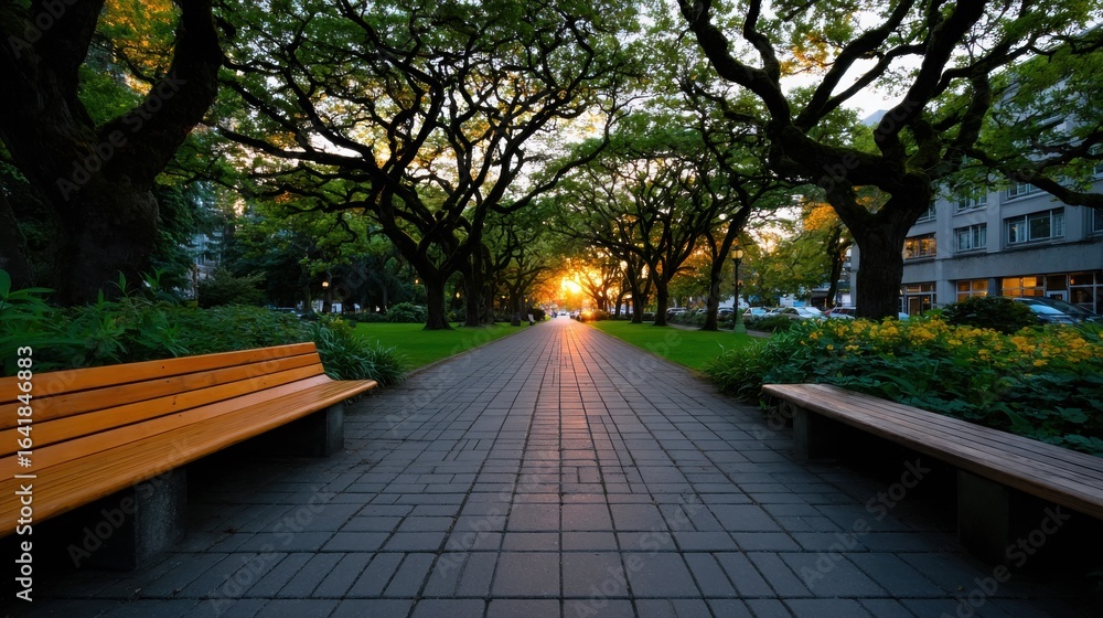 Poster a path with benches and trees in the background