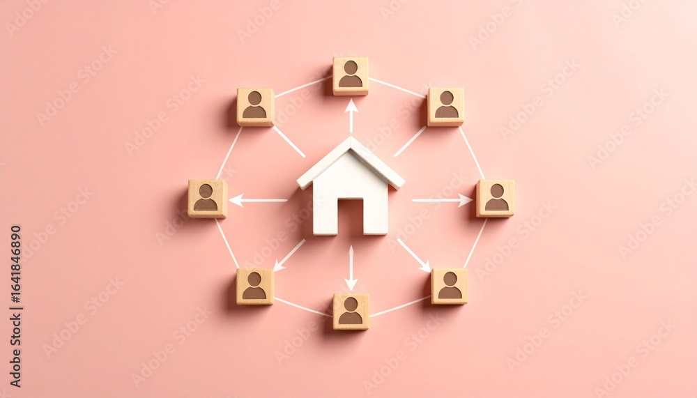 Poster concept of a home surrounded by people, representing a network or community. symbolizing connection 