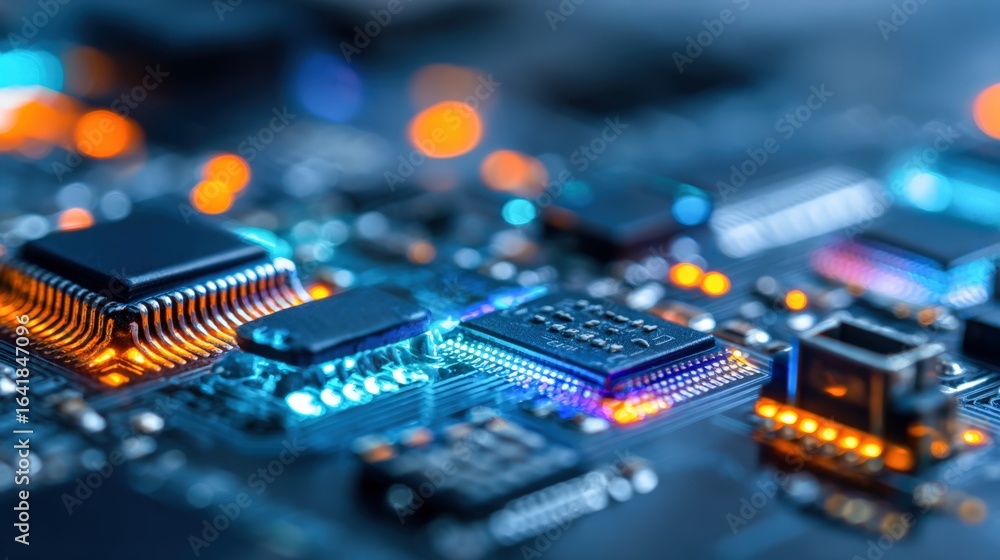 Poster close-up of a computer motherboard with integrated circuitry featuring advanced technological compon