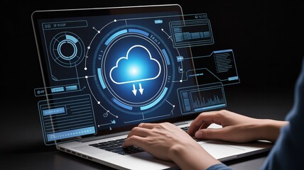 Modern professional utilizes advanced cloud technology interface for data analysis on a sleek laptop screen