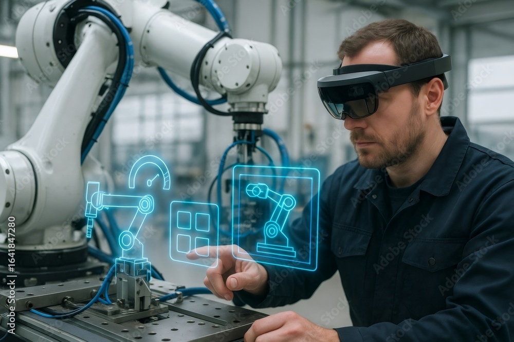 Poster automation engineer wearing ar glasses uses holographic interface to control and monitor robotic arm