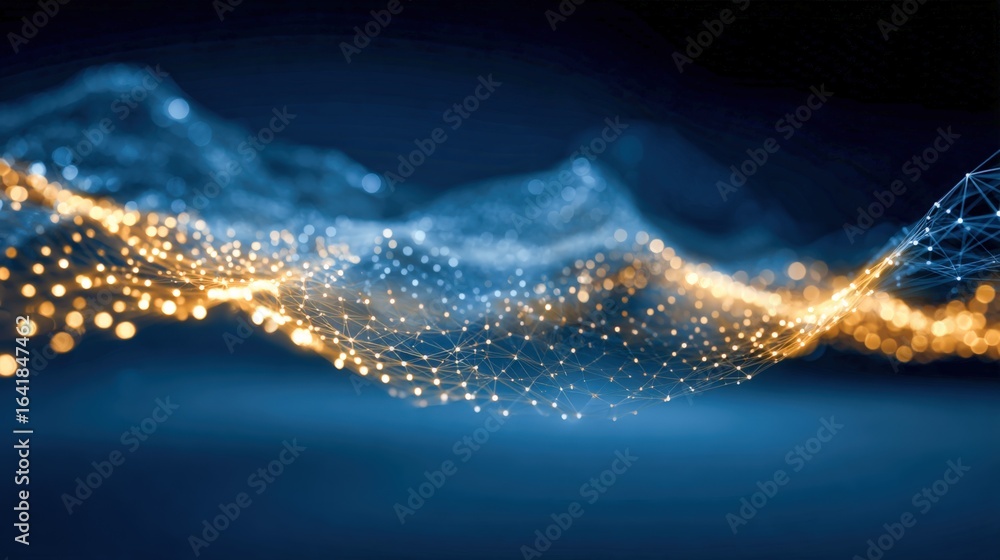 Poster abstract data stream visualization with interconnected nodes, blue and yellow glow, futuristic techn