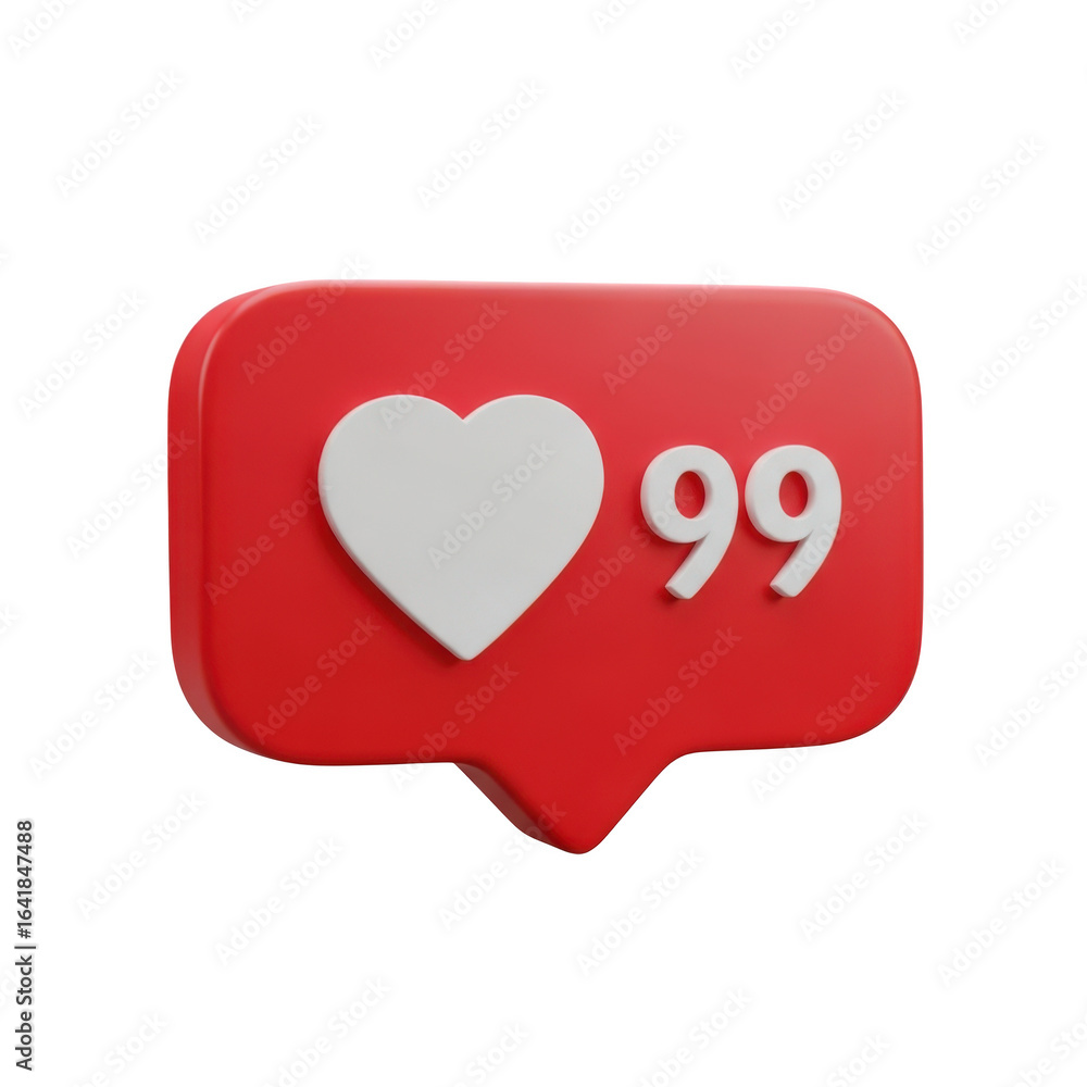 Poster 3d red like notification with heart and number 99 isolated on transparent background