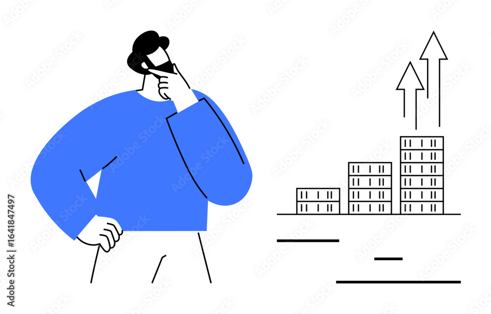 Poster man pondering next steps, standing near stacked bar chart with arrow indicators of growth. ideal for