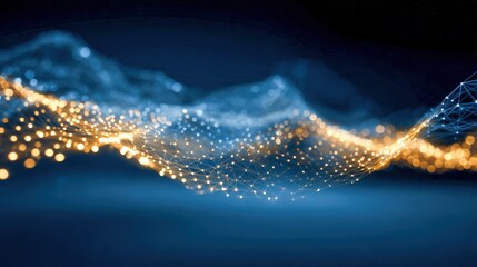 Abstract Data Stream Visualization with Interconnected Nodes, Blue and Yellow Glow, Futuristic Technology