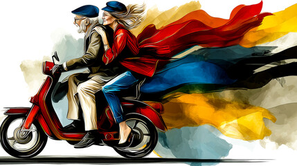 Active lifestyle theme shows two seniors traveling on a scooter, wind-swept clothing and abstract watercolor paint ribbons suggesting speed and freedom.