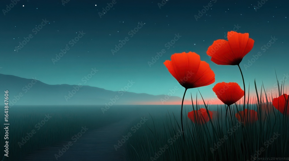 Canvas Prints a beautiful image of a field with three red flowers in the foreground