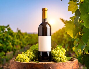 Fototapeta premium Wine bottle with blank label, rests on wooden barrel amongst green grapes at sunset