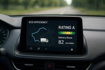 Modern truck dashboard computer showing eco friendly delivery route with high eco efficiency rating, promoting sustainable transportation