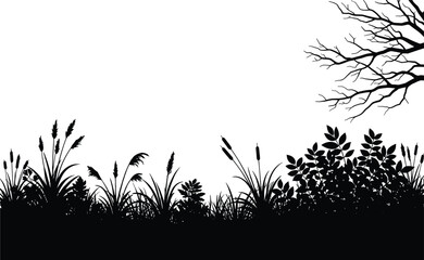 Tree silhouette, grass landscape, wild plants, botanical illustration, leafless tree, natural silhouettes, summer meadow, wild nature, natural design, outdoor elements, plant vector art