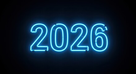 2026 Neon Sign, Vibrant Blue Glow Against Dark Background