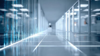 Modern Office Corridor with Data Stream Visuals, Representing Technology, Connectivity, and Futuristic Workplace Design