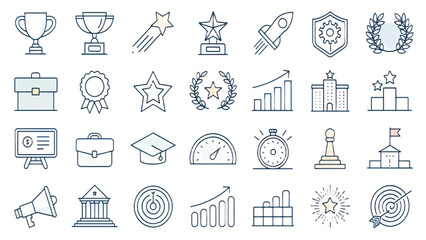 Fototapeta premium Minimal Success and Achievement Icon Set – Trophies, Medals, Targets, Growth Charts, Teamwork, Awards, and Business Goals