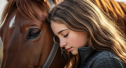 A Young Girl Rests Her Head Against Her Horse Affectionately