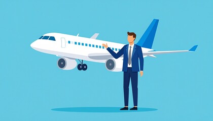 A man standing next to an airplane, depicting air travel and business