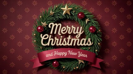 merry christmas and happy new year card Elegant Christmas Wreath with Red Ribbon and Festive Greeting