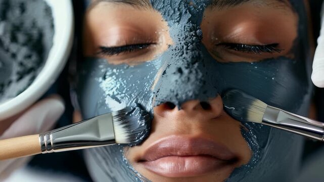 A close-up captures a person receiving a facial treatment. A dark, textured clay mask is applied to their face with brushes. The image conveys relaxation and self-care, emphasizing skincare