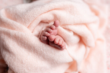 Tiny newborn feet wrapped in a soft pink blanket