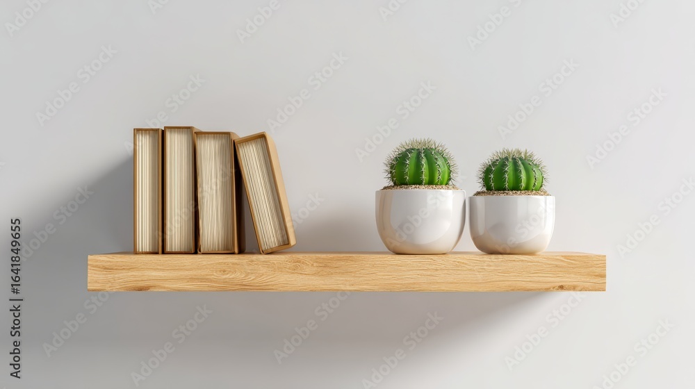 Poster minimalist floating shelf with books and cacti, modern interior design element for mockups and prese