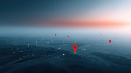 A map of a city with four red pins on it