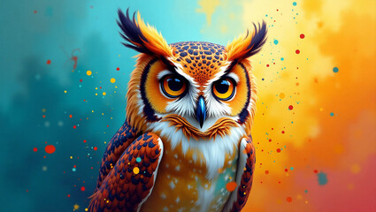 Obraz premium A Colorful and Dynamic Painting of an Owl Showcasing Artistic Techniques