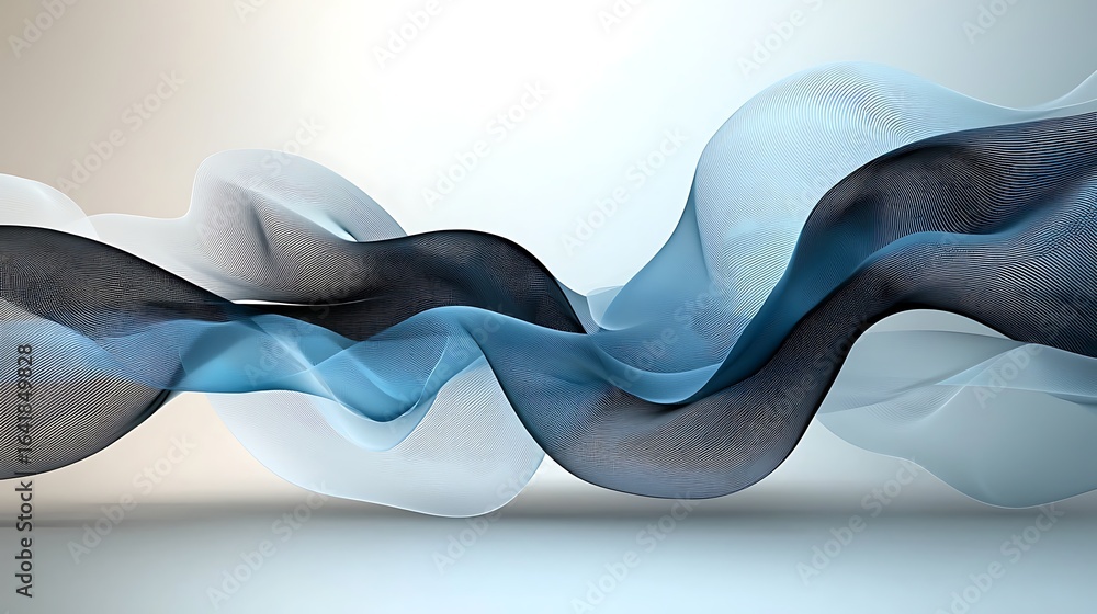 Poster abstract composition featuring fluid waves of blue and black textures on a soft background. ideal fo