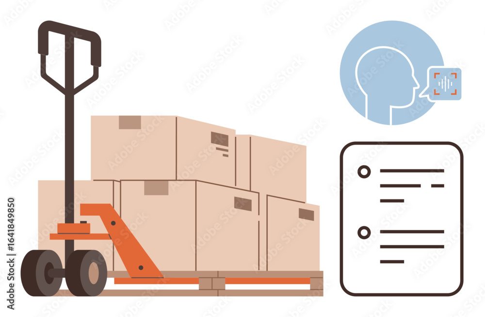 Poster pallet loaded with boxes on manual jack, task checklist, and speech recognition bubble. ideal for lo