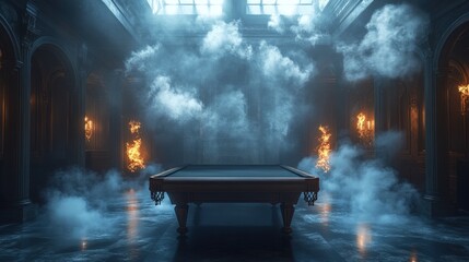 Empty billiard table in an antique hall, dramatic lighting