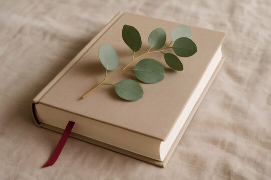 Eucalyptus branch is placed on a beige book with a red bookmark, evoking feelings of tranquility and a love for reading and nature