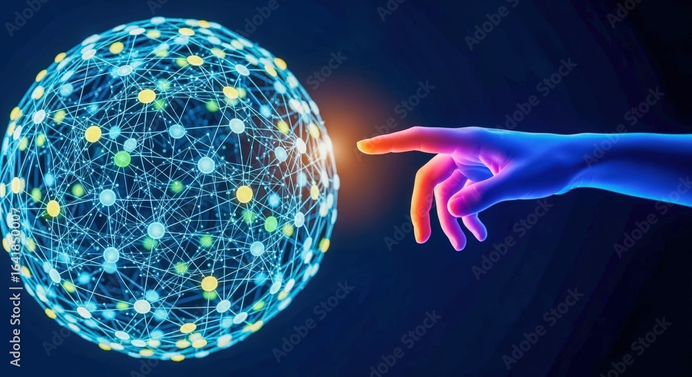 Poster digital connectivity: human hand reaching for global network sphere in a technological abstract spac