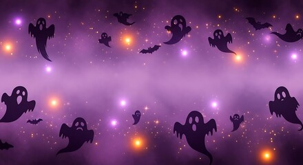 Spooky and Enchanting Halloween Background Featuring Floating Purple Ghosts, Bats, and Ethereal Stars in a Mystical Night Sky Setting for Festive Celebrations and Themed Designs