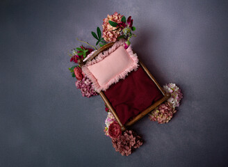 Newborn Photography Prop Rustic Bed with Floral Accents