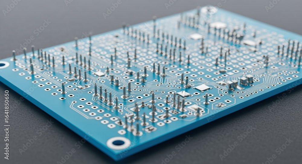 Poster blue circuit board close-up: electronic component assembly with solder points and pins for technolog