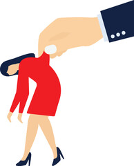 Big Hand Using Businessman for Control. Business Man Marionette is Hanging on Suit. Hand of Puppeteer Holding Lady. Puppet Doll Worker, Abuse of Power, Manipulation. Flat Vector Illustration

