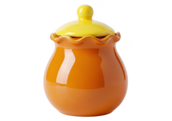 A charming orange ceramic honey pot with a bright yellow lid isolated on transparent background