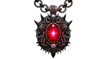 Gothic occult pendant with glowing red gem, demonic skulls, snakes, and spikes, exuding dark fantasy power and mystique