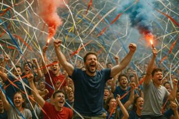 Sports fans cheering and celebrating with smoke bombs and ribbons inside a stadium, creating a vibrant and exciting atmosphere