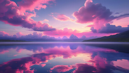 Sunset with pink and purple sky over calm lake