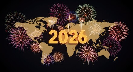 2026 New Year's Celebration: Fireworks Over World Map, Festive Night Sky.