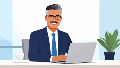 A professional man working on a laptop computer in his office setting with a cup of coffee