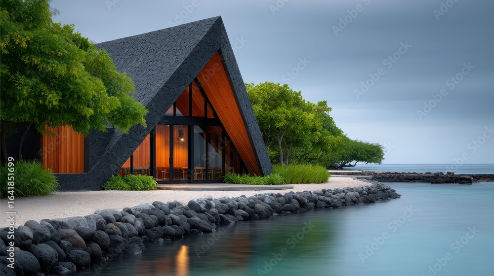 Poster a house with a triangular roof and a large window