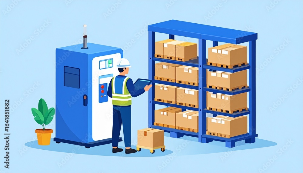 Poster an illustration of a worker using scanner with boxes on shelf